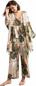 Women’s 3 pcs Sleepwear Leaf Print Cami and Pants Pajama Set with Robe